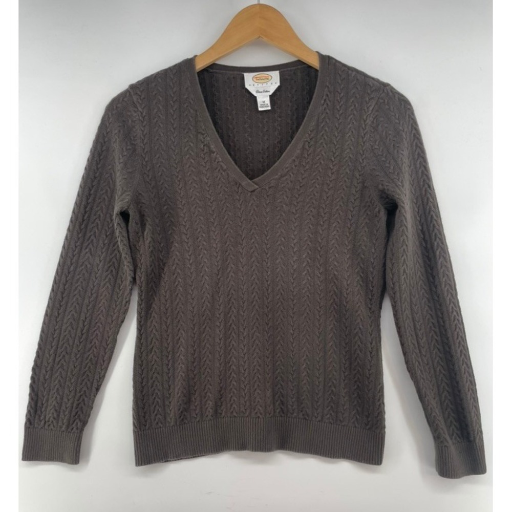 Vtg Talbots Women Cable Knit Sweater  *PS/ PM Preppy V Neck Pima Cotton Brown